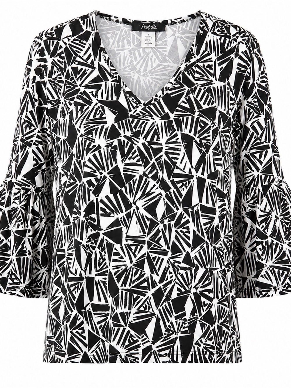 Arabella 3X Shirt Top Black Geometric Split Bell 3/4 Sleeve V Neck Stretch Women